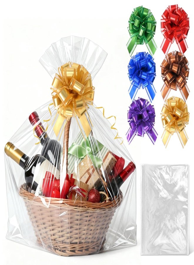 Philbinden 6 PCS 30 x 40 Inch Extra Large Cellophane Gift Bags,Includes 6 PCS Pull Gift Bows - Clear Cello Gift Bags for Gift Baskets Baby Shower Birthday Wedding Party favor - Image 1